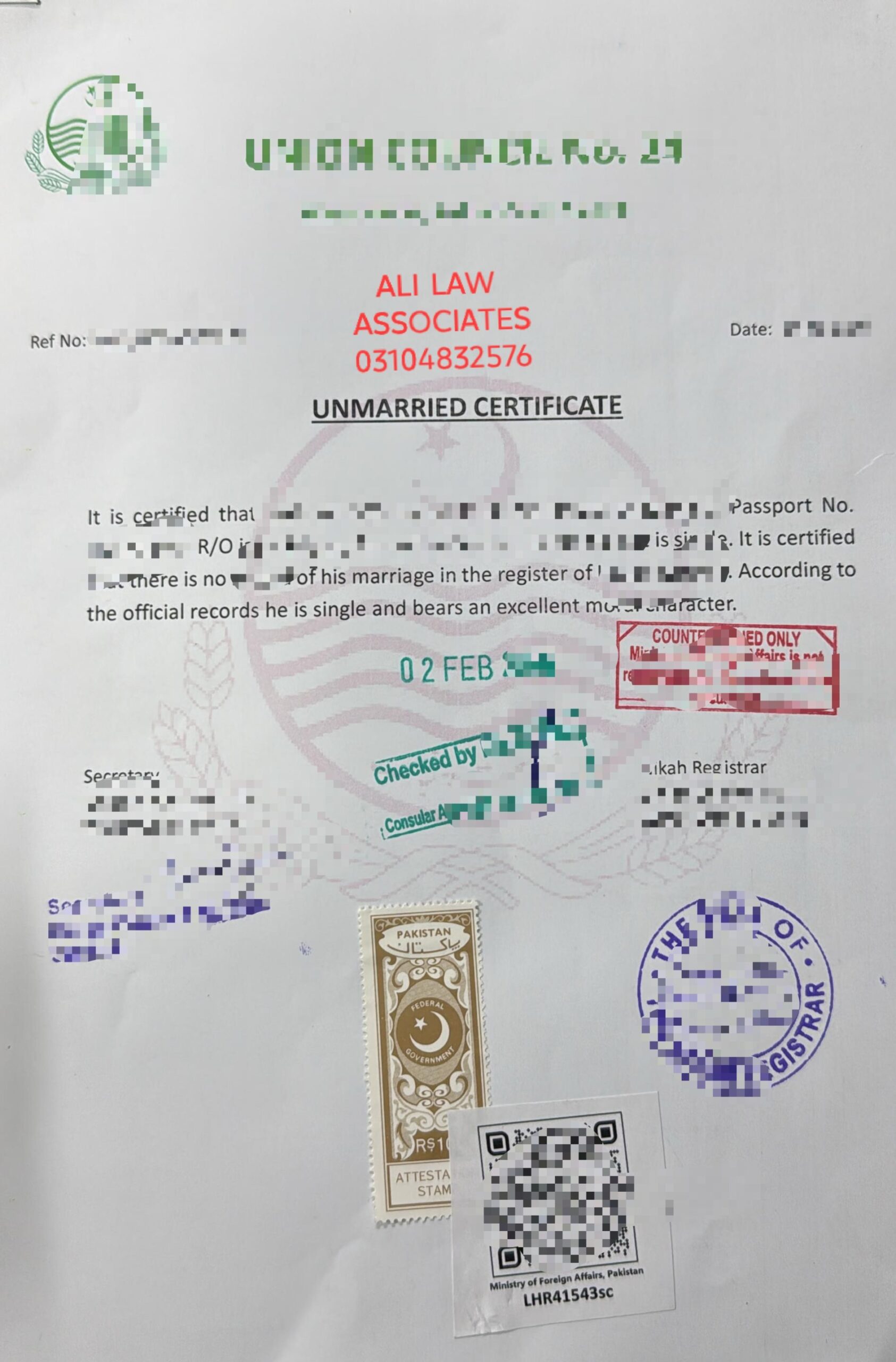 Unmarried certificate in Pakistan